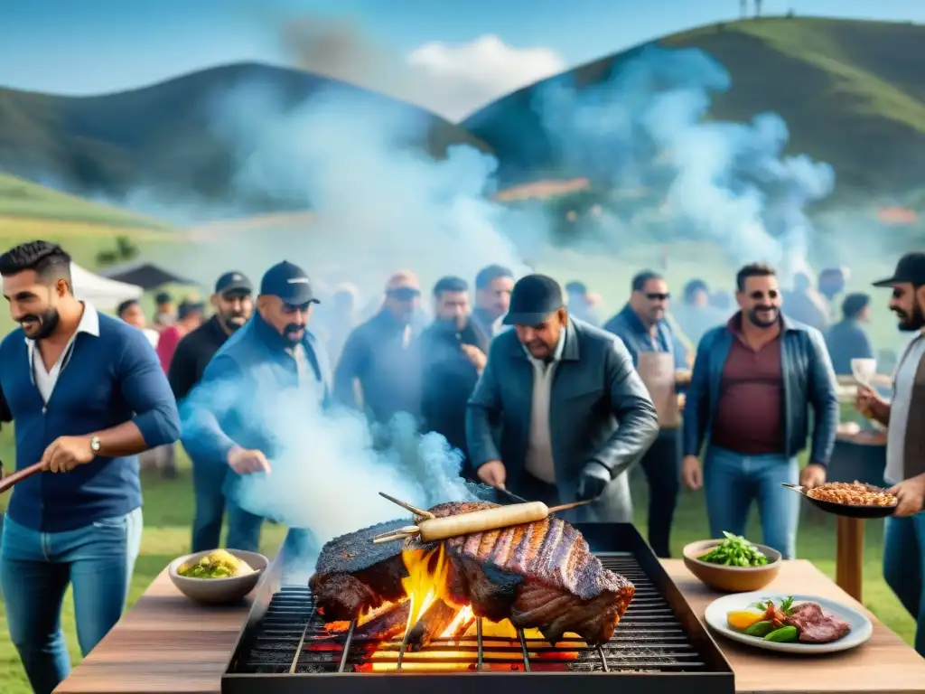 Competencias de asado uruguayo patrocinadas: animado evento al aire libre con asadores y espectadores en paisaje campestre