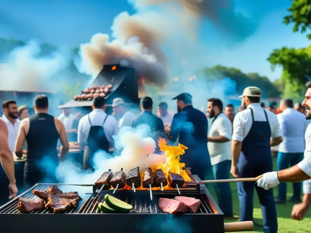 Competencias de asado uruguayo patrocinadas en vibrante evento al aire libre con chefs, espectadores y parrillas humeantes