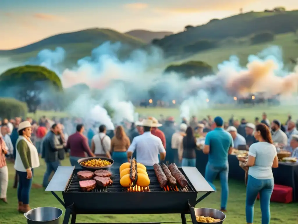 Competencias de asado uruguayo patrocinadas: Expertos parrilleros compiten en animado evento al atardecer