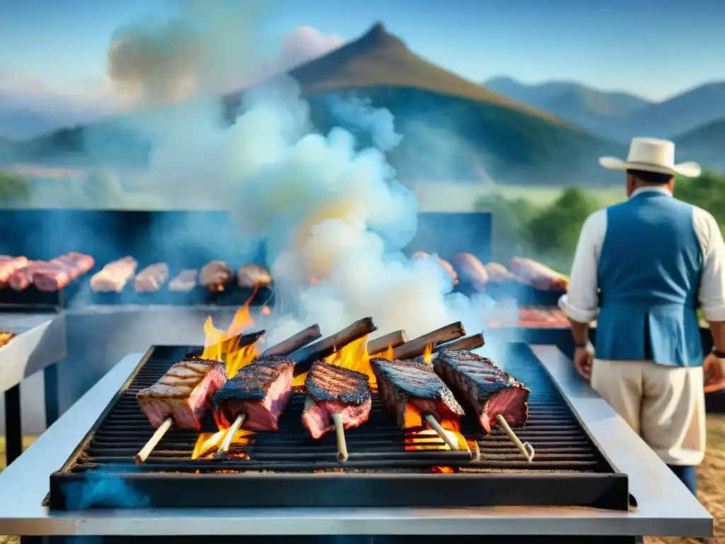 Competencias de asado uruguayo patrocinadas: Gauchos preparan cortes de carne a la parrilla en un paisaje campestre pintoresco