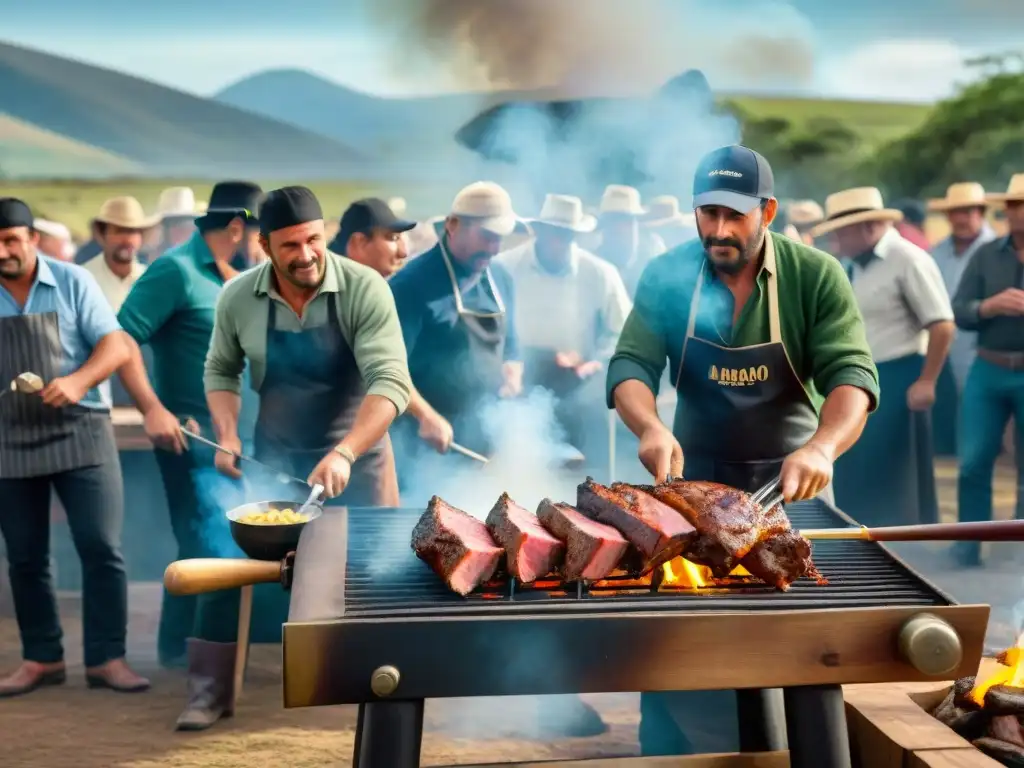 Competidores de asado uruguayo tradicional preparan carne a la parrilla bajo el sol brillante