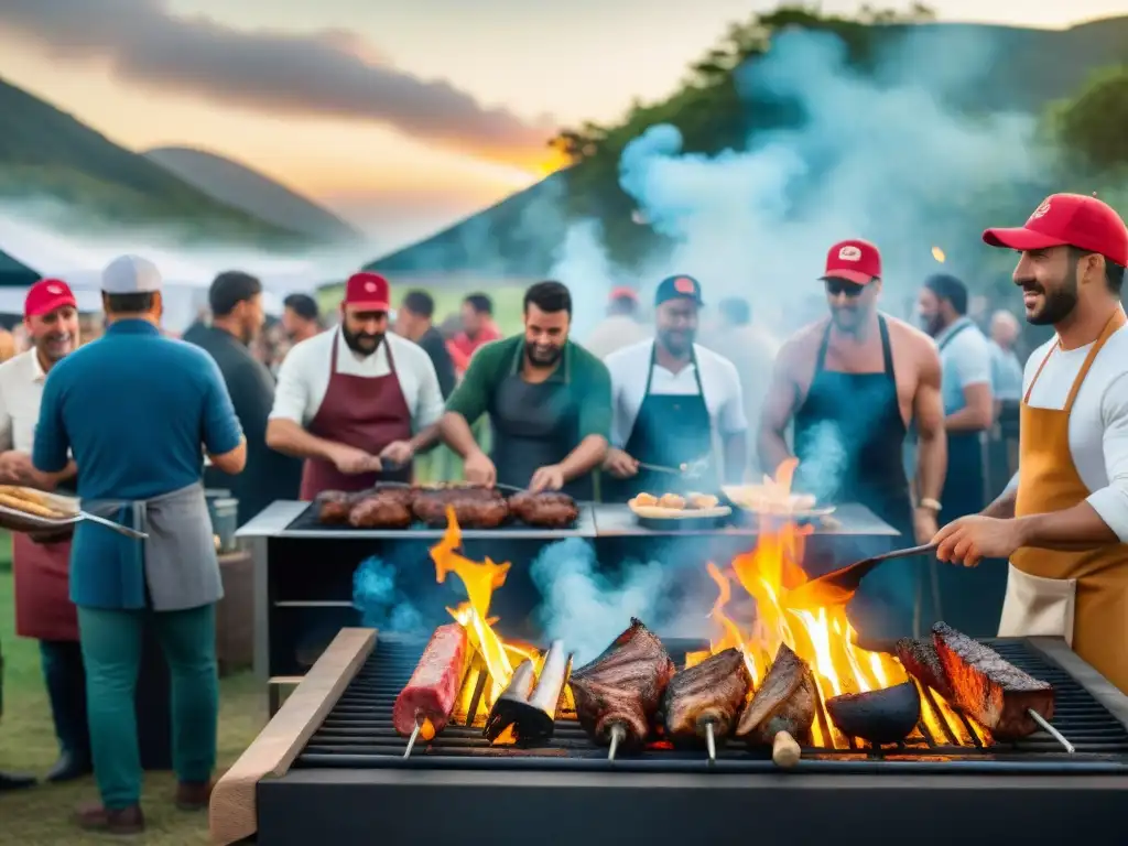 Competidores en competencias de asado uruguayo en el campo, con público animando al atardecer