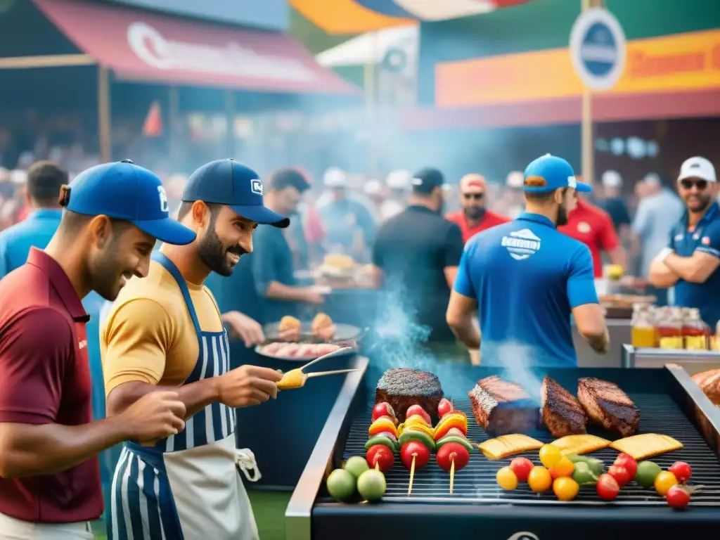 Competidores organizando torneo de asado, promoción de marcas, ambiente festivo y vibrante