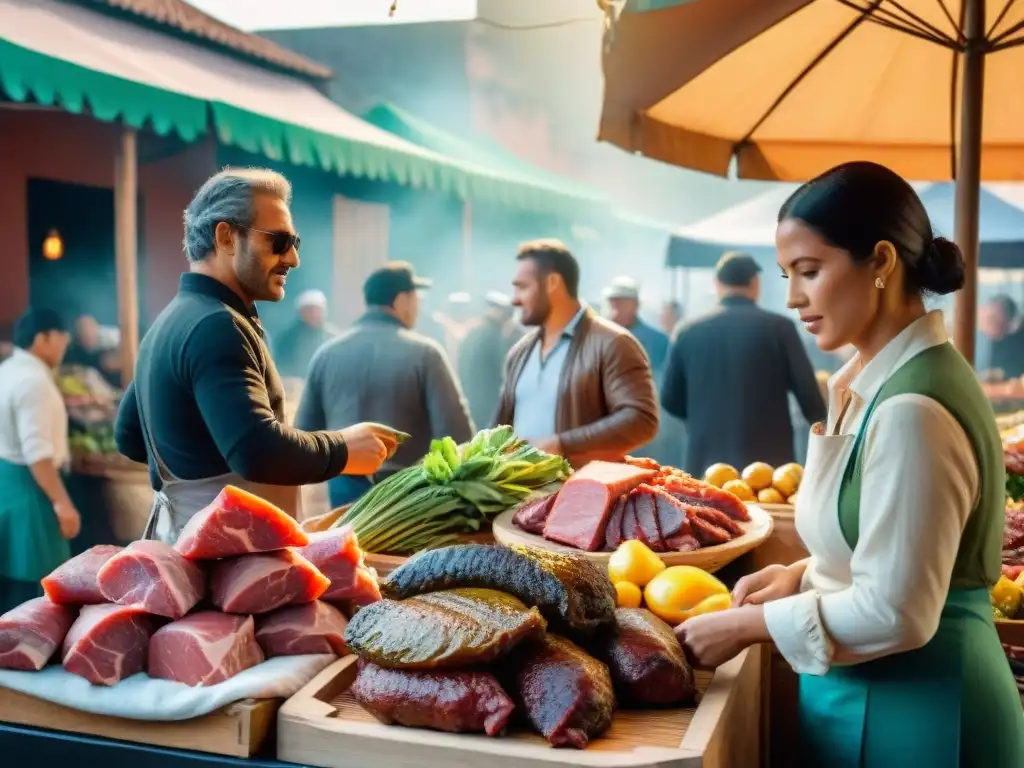 Compra carne asado Uruguay: Mercado animado con vendedores locales y variedad de cortes de asado verde en un día soleado