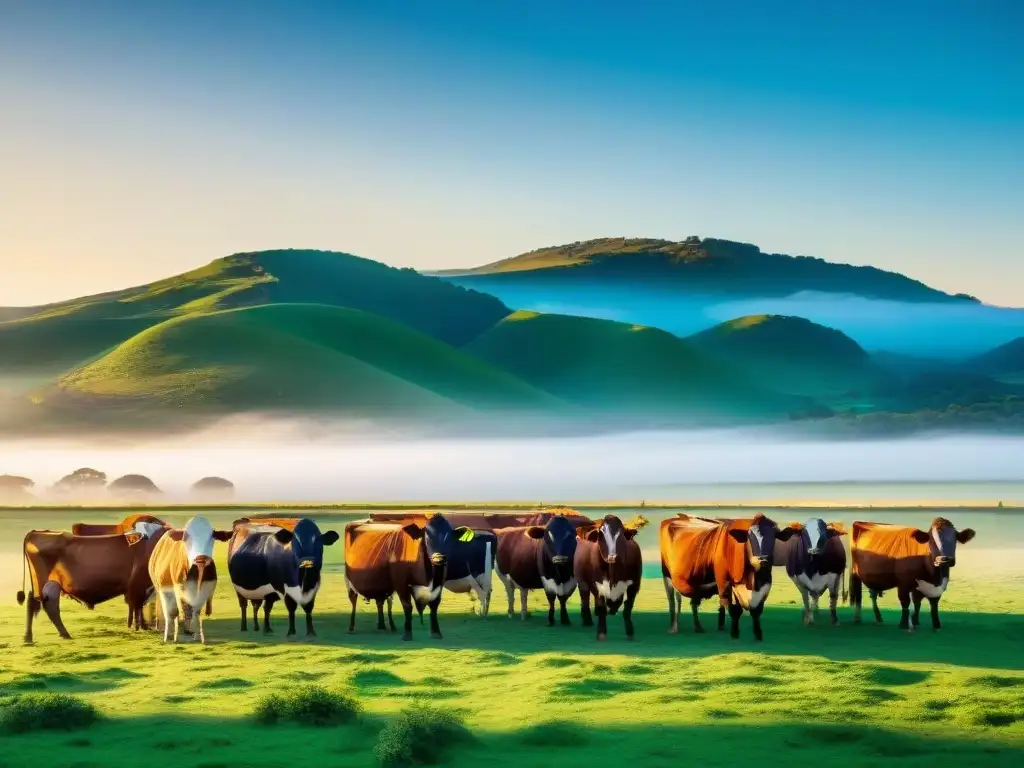 Compra carne asado Uruguay: Pasto verde y ganado saludable pastando bajo el cálido sol uruguayo