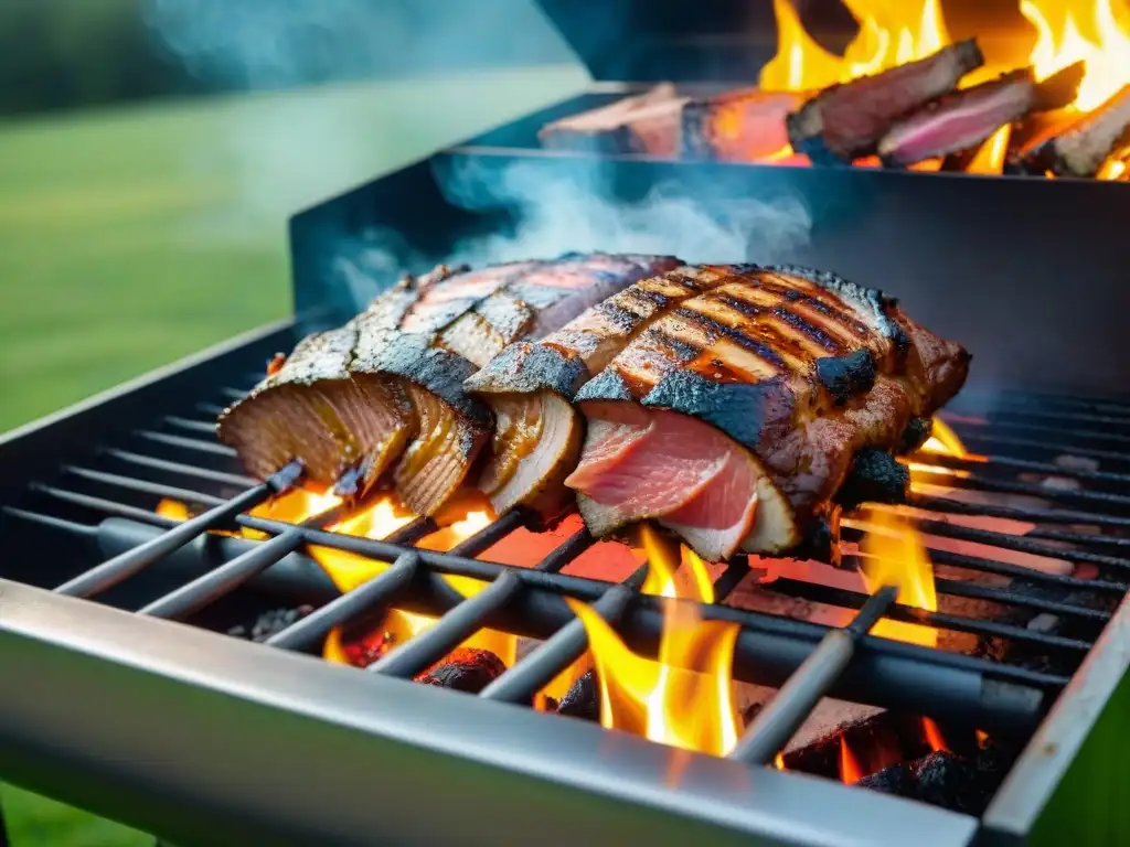 Concurso Fotografía Asado Criterios Evaluación: Parrilla con carne, llamas y humo al atardecer dorado en el jardín