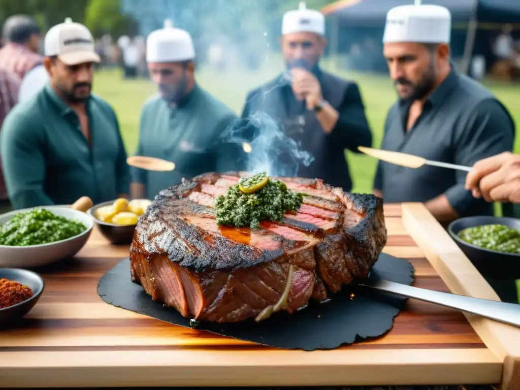 Un concurso de asado en Uruguay, jueces evalúan un suculento churrasco rodeado de chimichurri, chivitos y morcillas