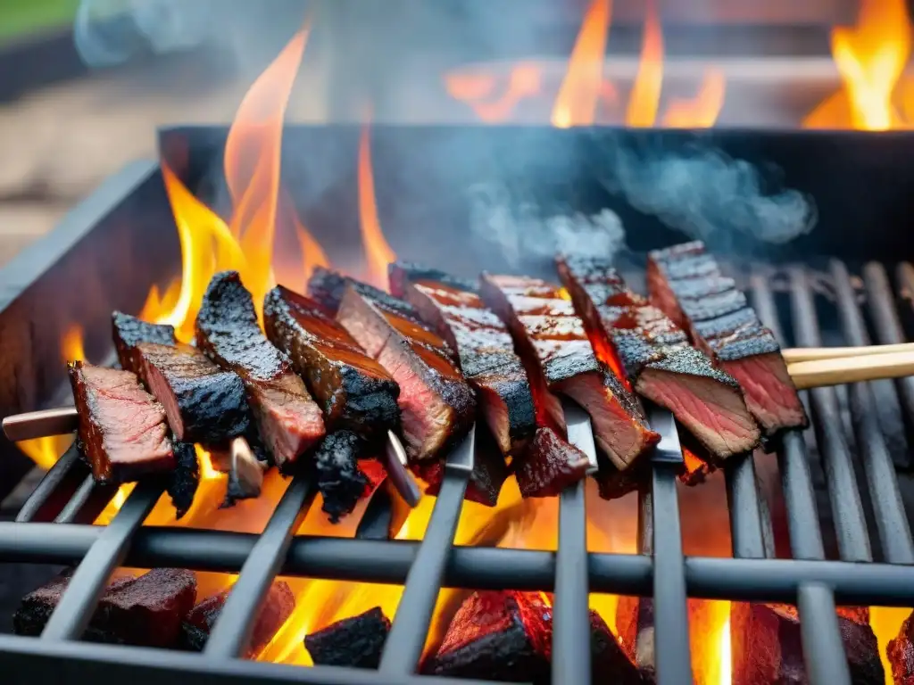 Concurso fotografía asado uruguayo: Delicioso asado uruguayo con cortes de carne sobre brasas ardientes y humo tentador