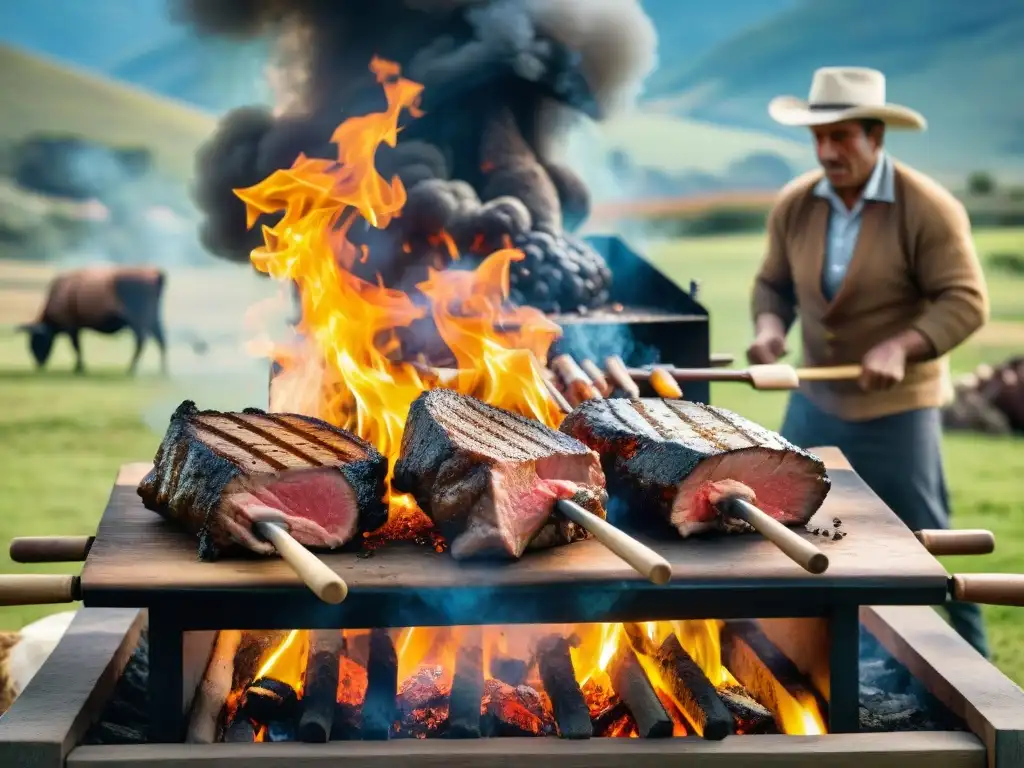 Un concurso de Asado Uruguayo Tradicional: gauchos expertos en la parrilla en un paisaje campestre