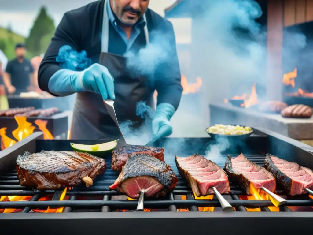 Concurso de asado uruguayo: maestros de la parrilla preparando carne sobre brasas en competencia