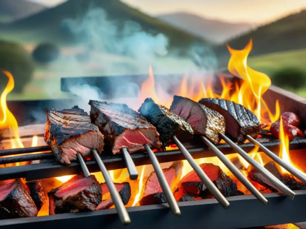 Concurso de fotografía asado uruguayo: Una parrilla sizzling con cortes jugosos cocinándose sobre brasas, en un escenario campestre pintoresco