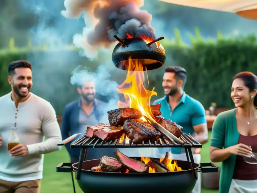 Concurso de asado uruguayo tradicional: Reunión festiva al atardecer, amigos y familia alrededor de la parrilla con carne sizzling