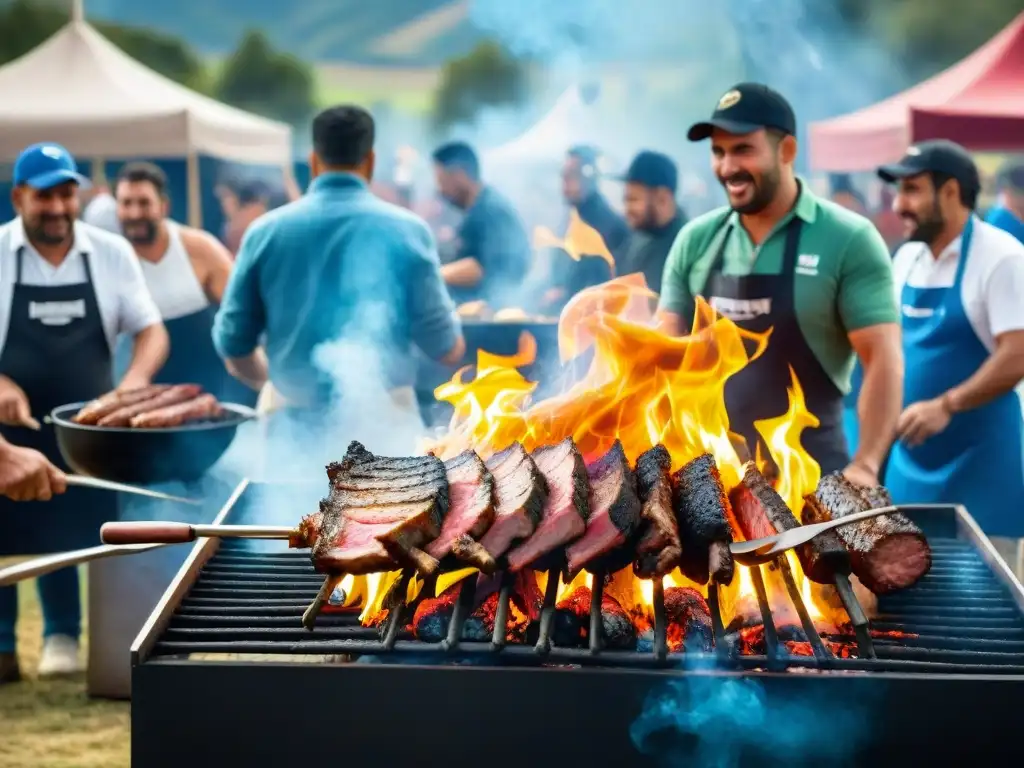 Concursos de asado en Uruguay: chefs compiten en el campo asando carne a la parrilla rodeados de una multitud animada