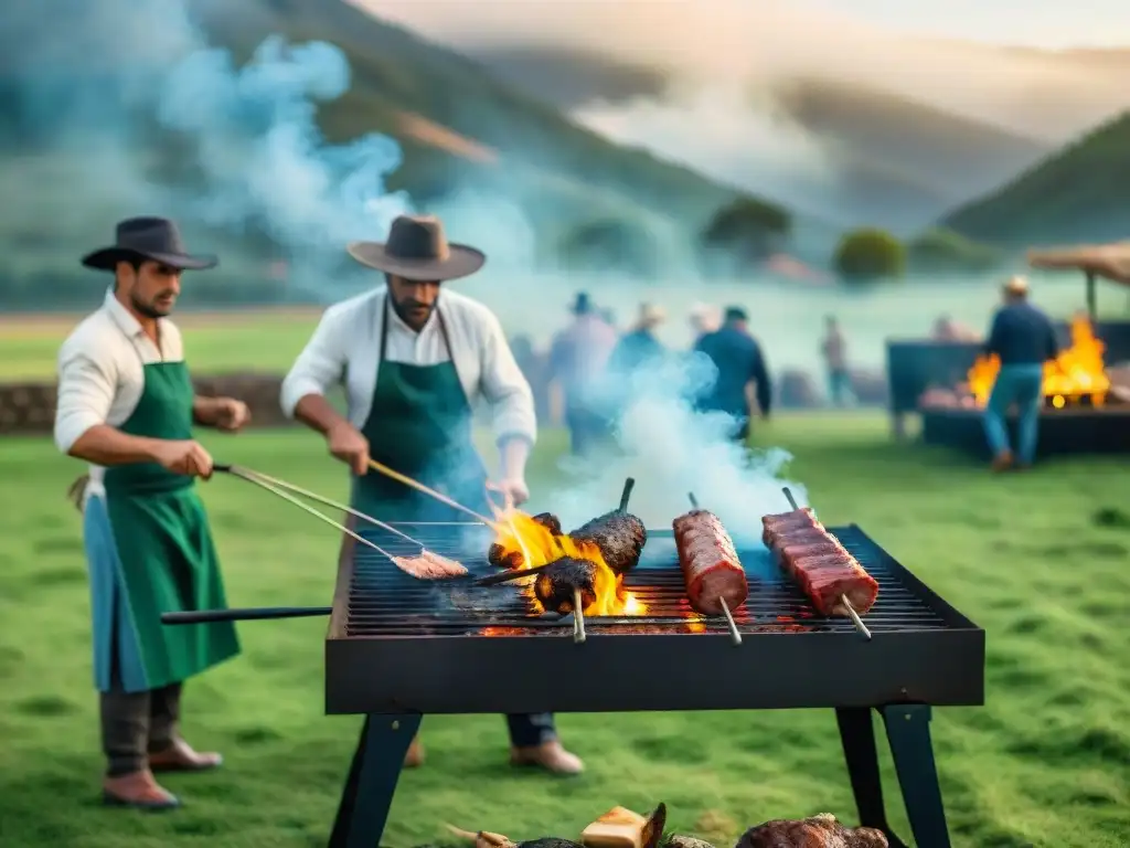 Concursos de Asado Uruguayo Tradicional: Gauchos expertos asando carne a la parrilla en un entorno campestre pintoresco