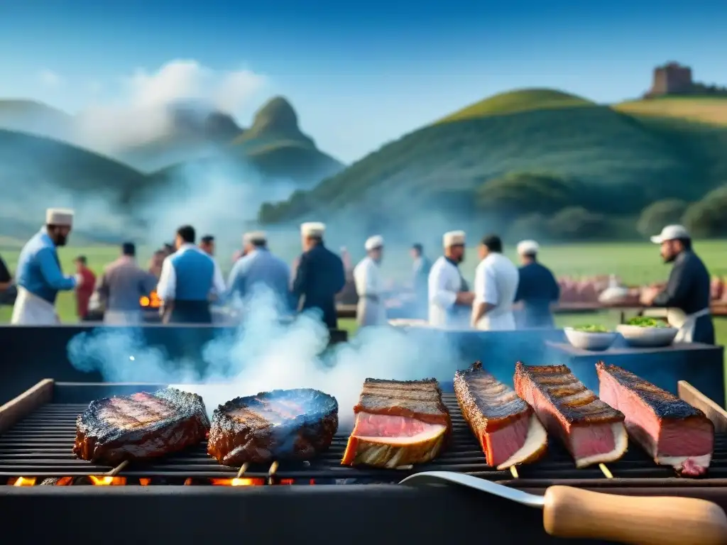 Concursos de Asado Uruguayo Tradicional: Escena vibrante de un asado con chefs, carnes y multitud