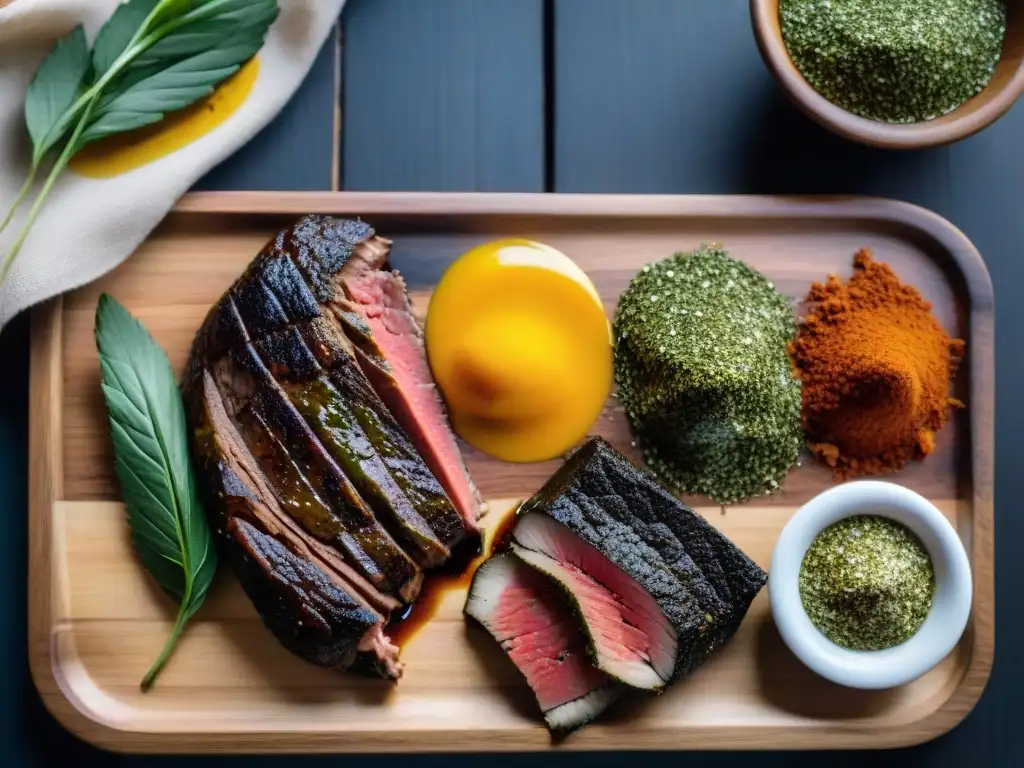 Condimentos del asado uruguayo tradicionales: una vibrante y detallada imagen de chimichurri, aji molido y pimienta en platos de madera rústica