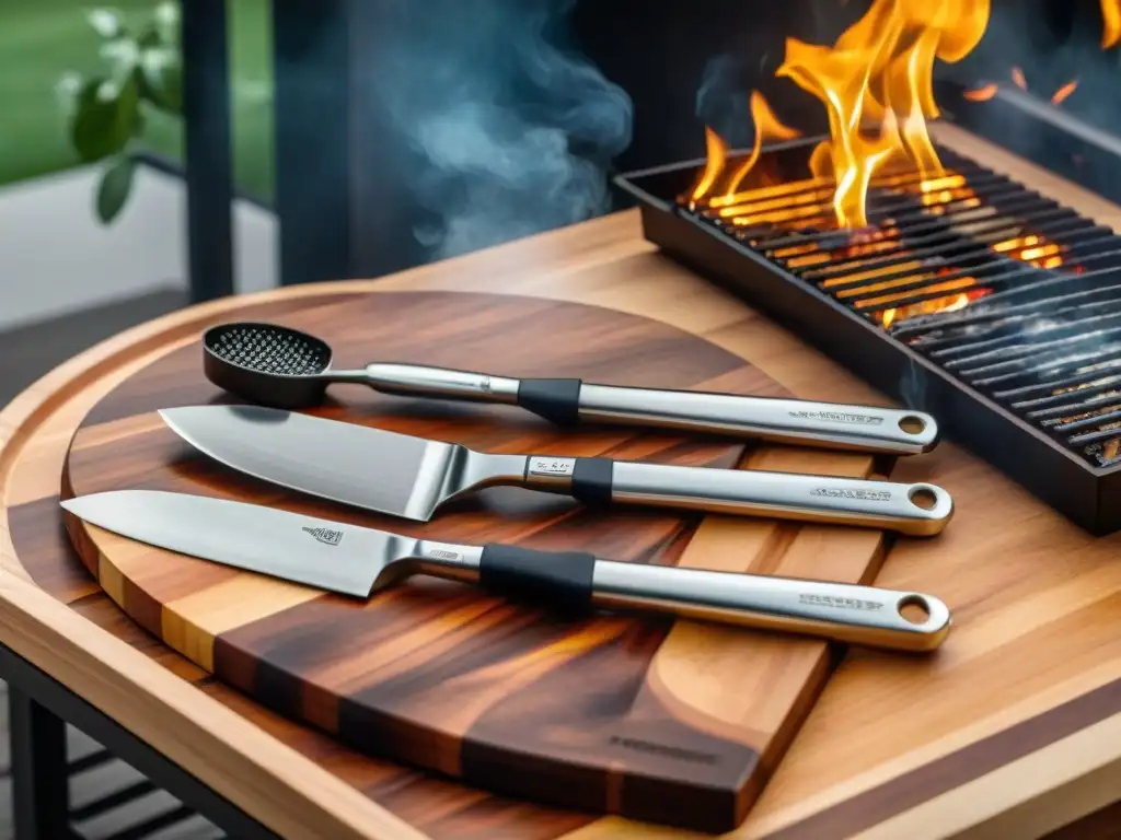 Conjunto de accesorios de parrilla alta gama en tabla de madera con grill al fondo