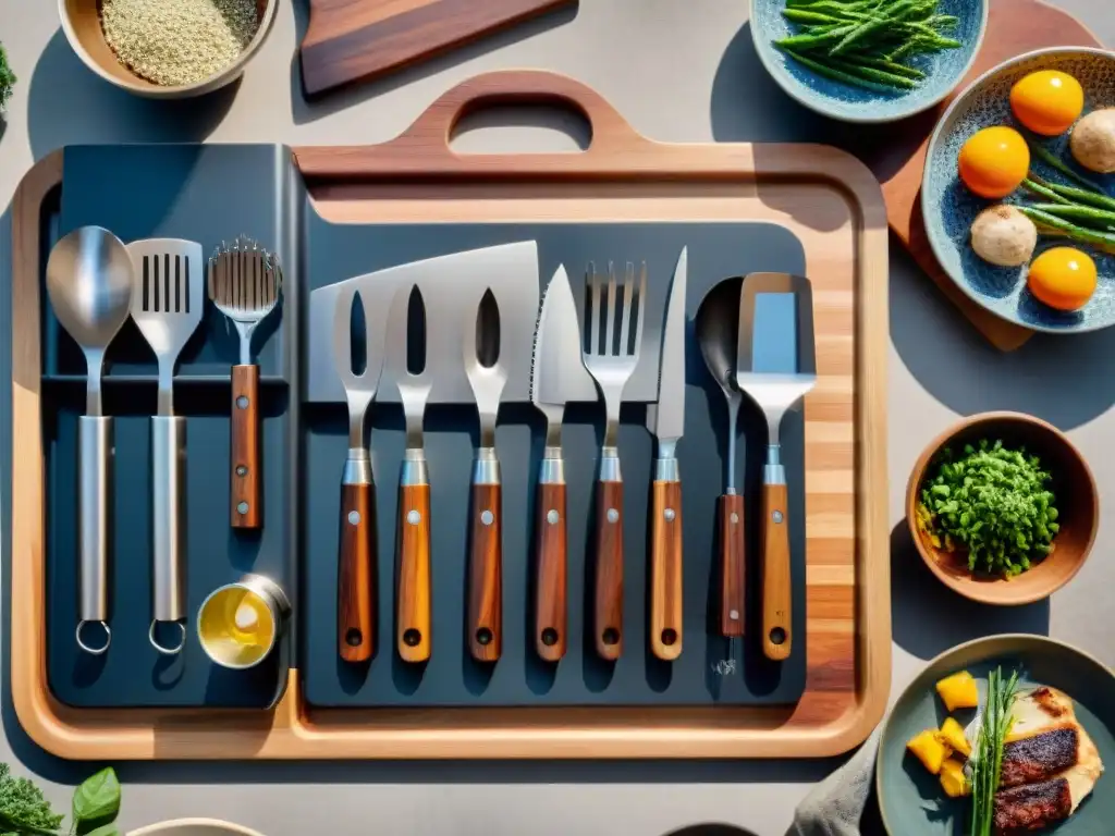 Set de utensilios de parrilla de acero inoxidable: lujo para cocinar al aire libre Conjunto de herramientas de parrilla de acero inoxidable en tabla de madera, resplandeciendo bajo luz cálida