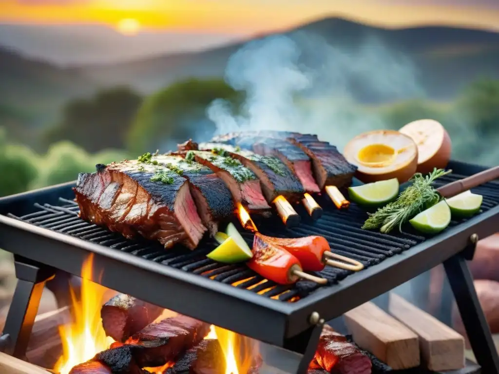 Consejos fotografía asado parrilla: Un asado uruguayo sizzling en parrilla con carnes, vegetales y chimichurri bajo el cálido atardecer dorado