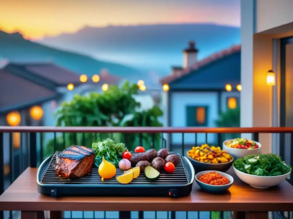 Consejos para asado en balcones: Parrilla con deliciosas carnes rodeada de coloridos acompañamientos en un balcón acogedor con vista a la ciudad