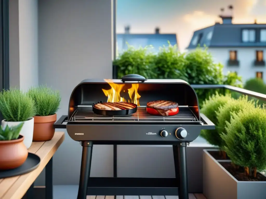 Consejos asado espacios reducidos: Balcón con parrilla, accesorios y plantas, creando un rincón acogedor para cocinar al aire libre en casa