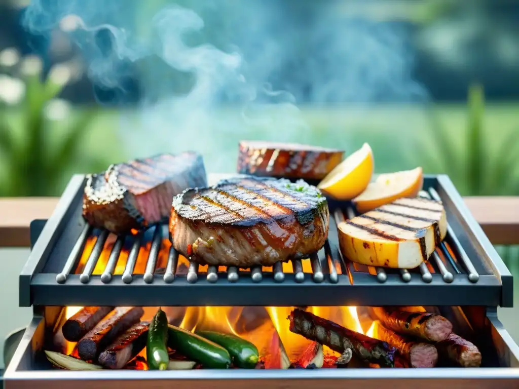 Consejos asado a la parrilla: Deliciosa parrillada con carnes, salchichas y vegetales, acompañados de un ambiente natural y festivo