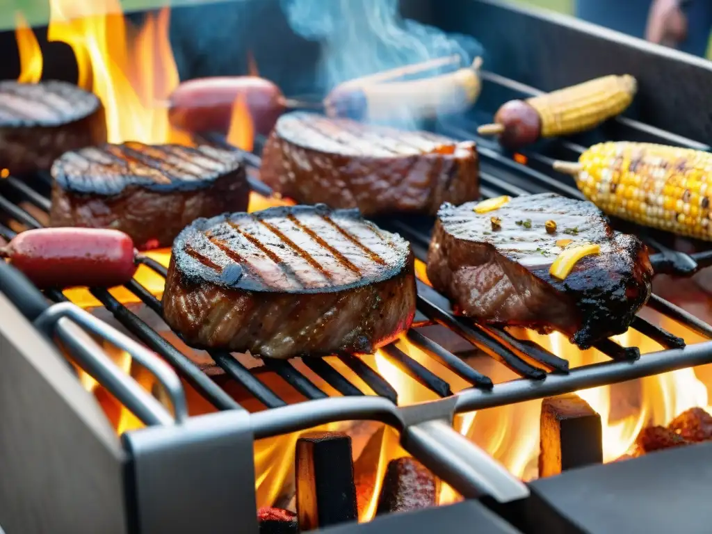 Consejos fotografiando asado perfecto: Grill con llamas, carnes jugosas y vegetales coloridos en asado al aire libre animado