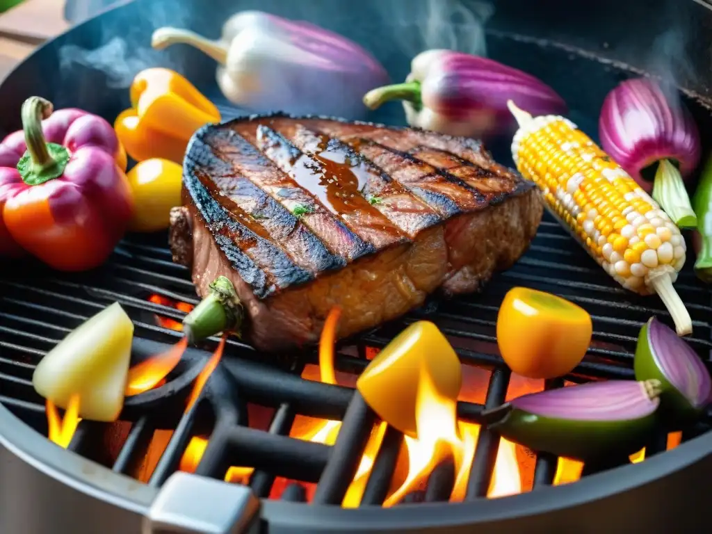 Consejos para un asado perfecto: Parrilla humeante con suculentos cortes, vegetales y maíz asándose sobre llamas brillantes en un entorno campestre