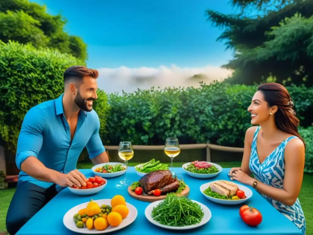 Consejos asado saludable familia: Mesa al aire libre con comida variada y familia feliz en jardín soleado