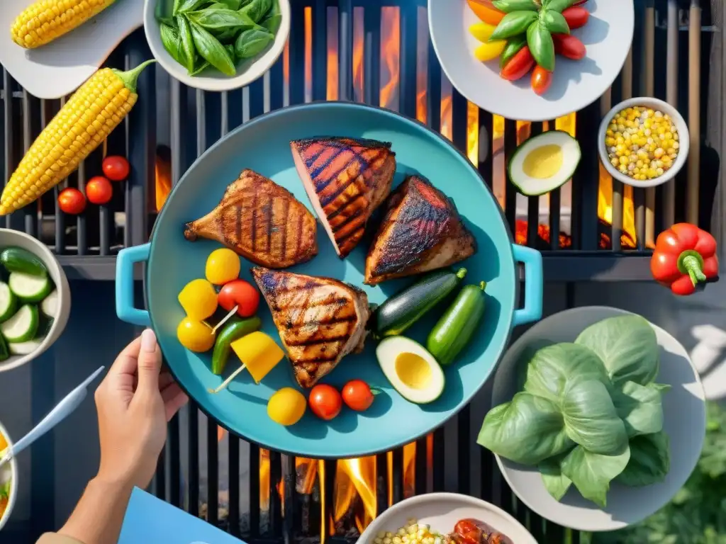 Consejos asado saludable familia: Colorida barbacoa al aire libre con alimentos frescos y personas felices compartiendo la comida bajo el sol