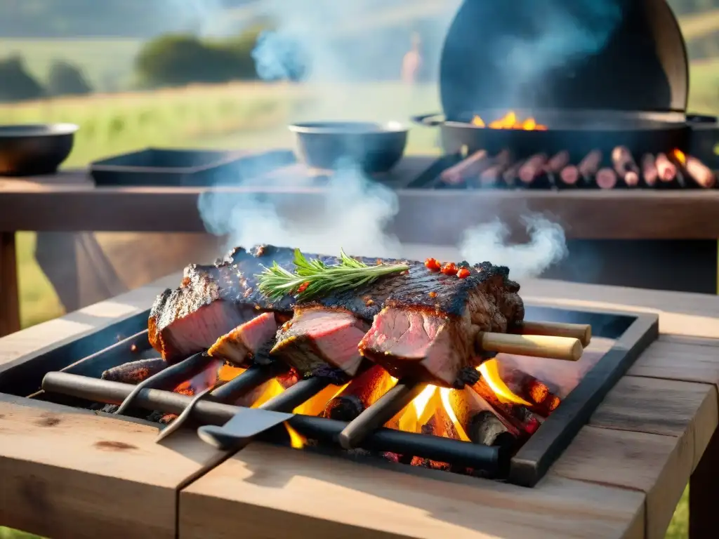 Consejos para hacer asado uruguayo: Escena de asado tradicional al aire libre con carne, fuego, vegetales y chimichurri en una mesa de madera