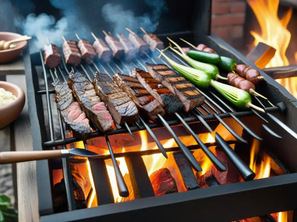 Consejos de asado uruguayo expertos: parrilla tradicional con cortes jugosos y verduras a la parrilla en un escenario rústico y ahumado