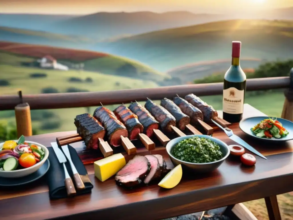 Consejos para organizar asado uruguayo: mesa de madera rústica con carne asada, chimichurri, ensaladas y vino Tannat al atardecer en el campo