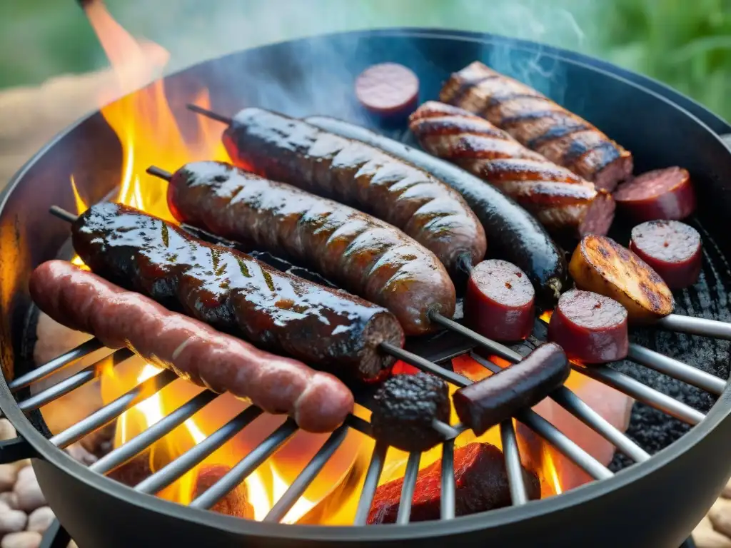 Consejos para presentación asado uruguayo: Una parrillada tradicional con variedad de carnes asadas, humo y aroma tentador