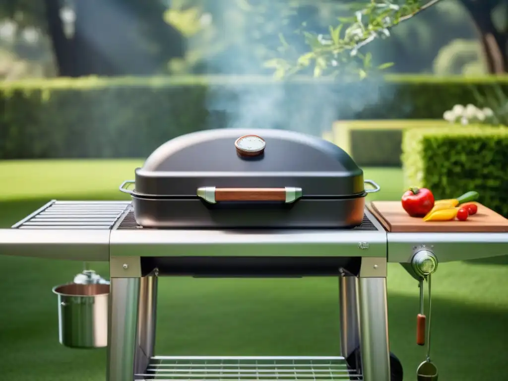 Consejos para asador novato parrilla: Parrilla moderna en jardín verde con luz del sol filtrándose entre hojas