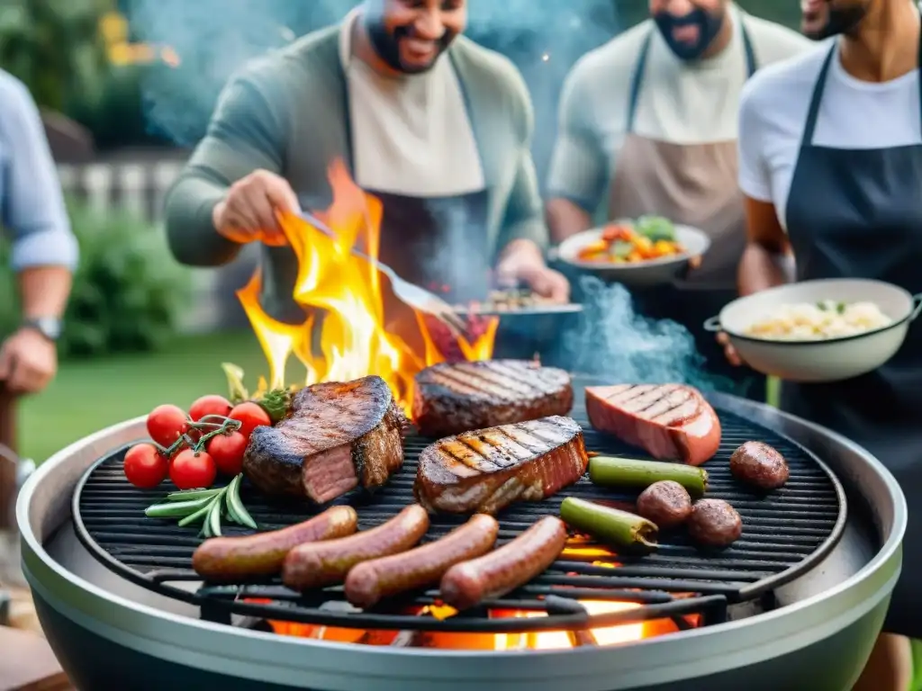 Consejos para destacar en asados: Atmosfera de barbacoa perfecta entre amigos con carnes y vegetales asados en una parrilla humeante al atardecer