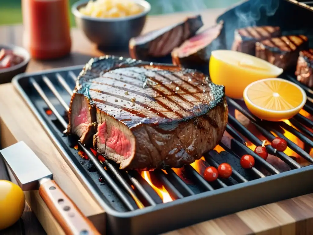 Consejos para destacar en asados: Delicioso asado a la parrilla con jugosos cortes de carne en una reunión festiva al aire libre