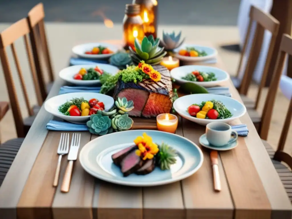 Consejos para destacar en asados: Mesa elegante al aire libre con comida deliciosa y ambiente acogedor de una barbacoa feliz