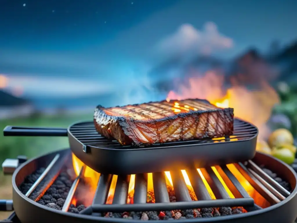 Consejos iluminación asados nocturnos: luz LED moderna sobre parrilla ilumina comida en la noche