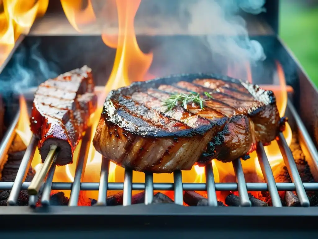 Consejos maestros asadores asado: Imagen detallada de parrilla con carnes jugosas y perfectamente cocidas, rodeada de humo y llamas vibrantes