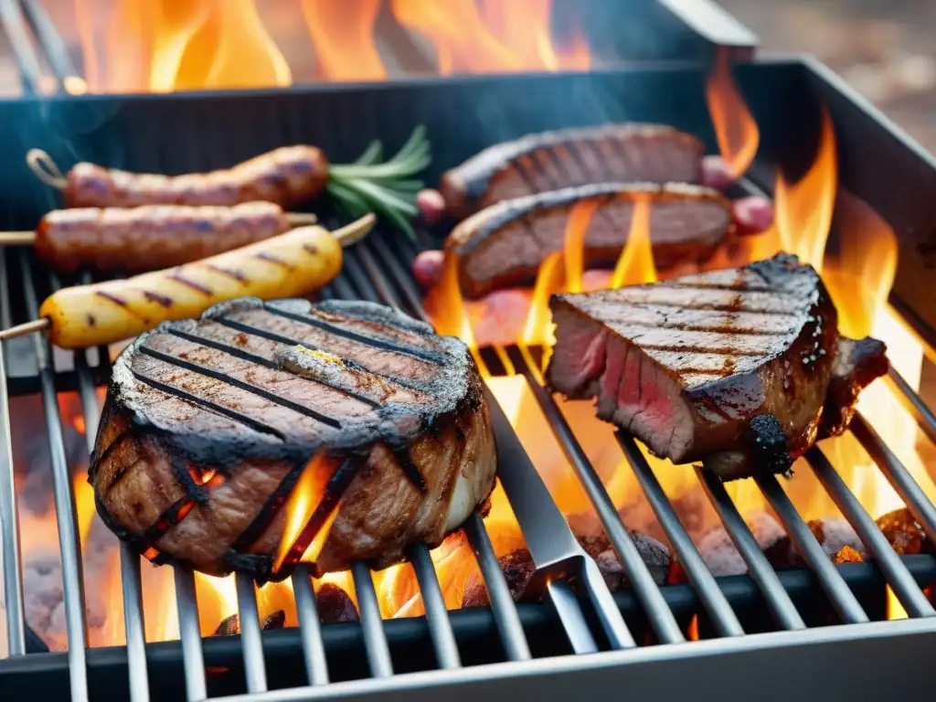 Consejos para parrillada perfecta invierno: Parrilla humeante con carnes y vegetales asados bajo la nieve, creando un ambiente cálido y acogedor