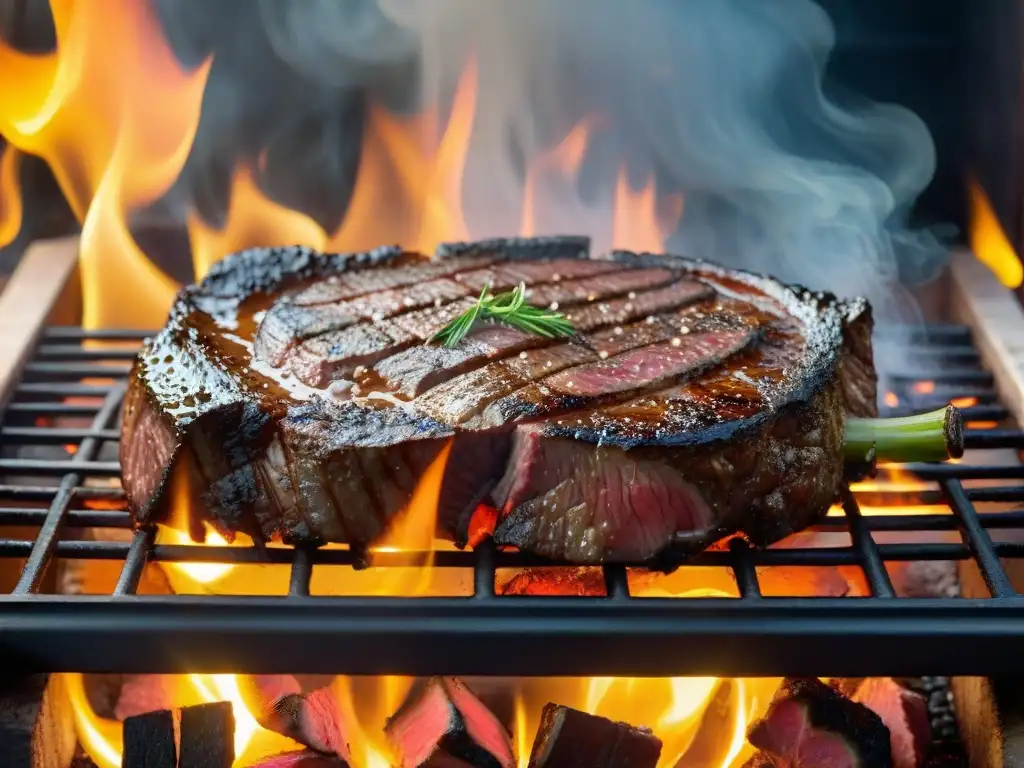 Consejos para parrillada perfecta invierno: Grill con carne premium uruguaya sobre brasas, chisporroteando bajo la nieve