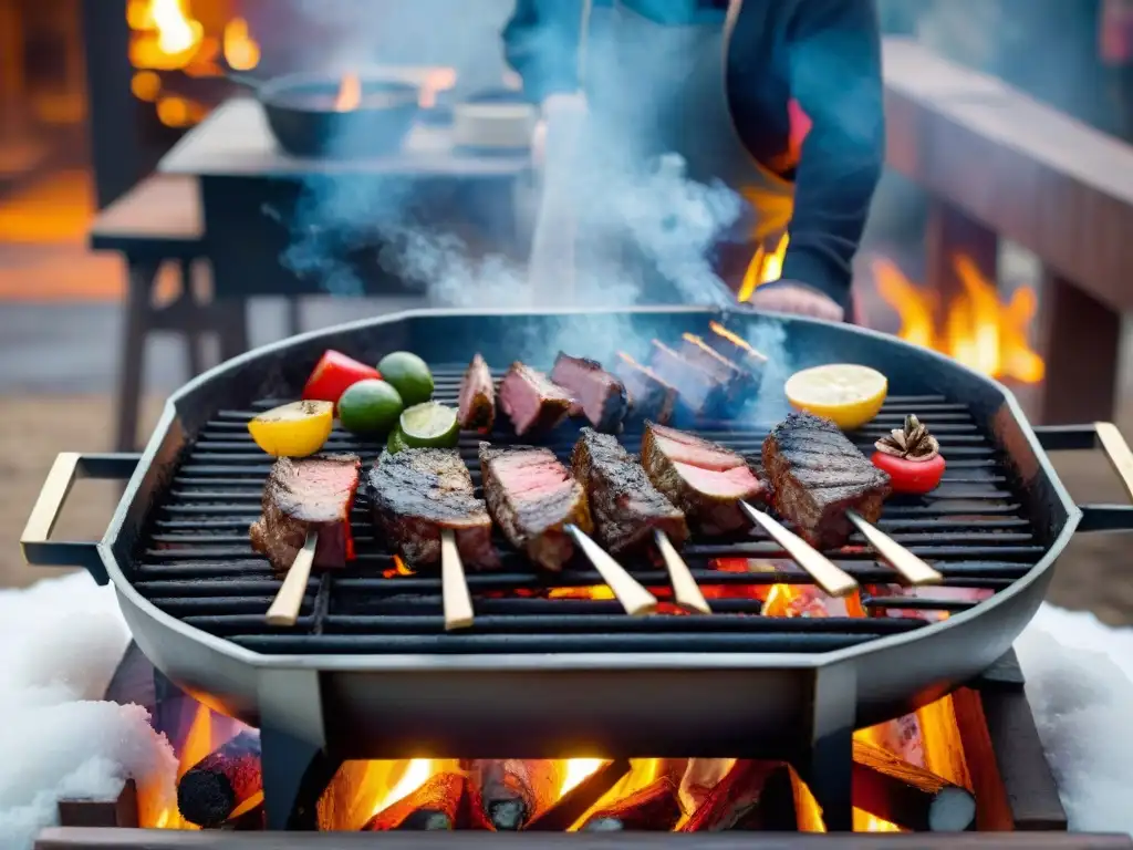 Consejos para parrillada perfecta en invierno: escena detallada de parrillada uruguaya tradicional con nieve cayendo y carne sizzling en la parrilla