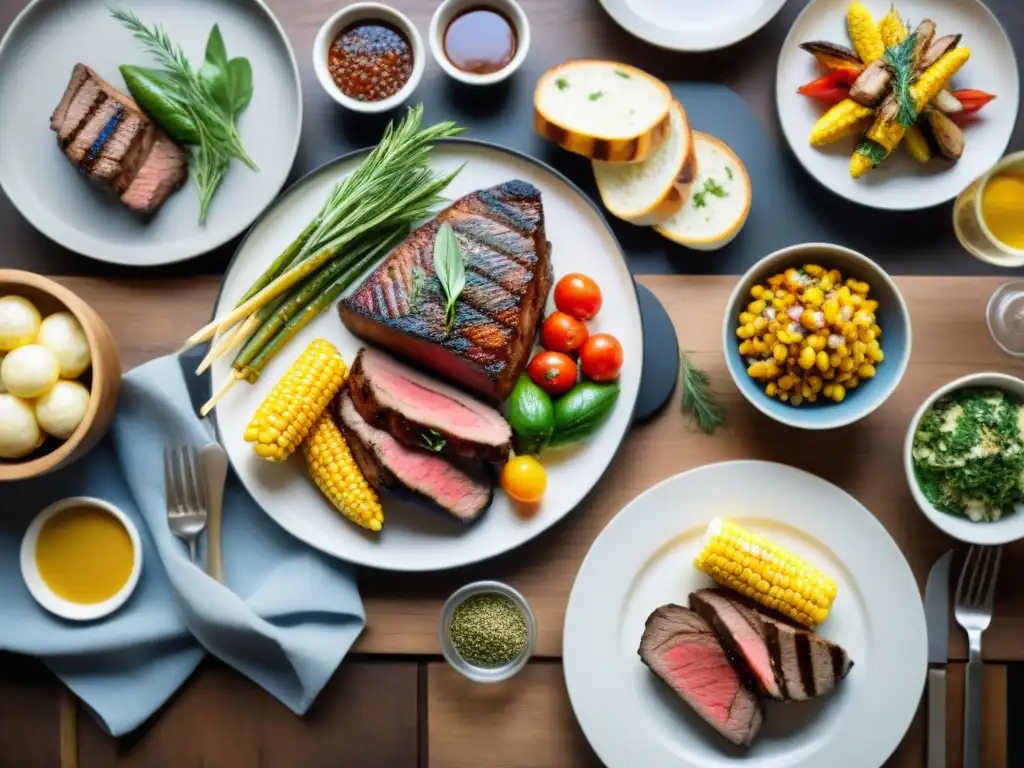 Consejos para presentación de un asado gourmet exquisitamente dispuesto en una elegante mesa de madera al atardecer