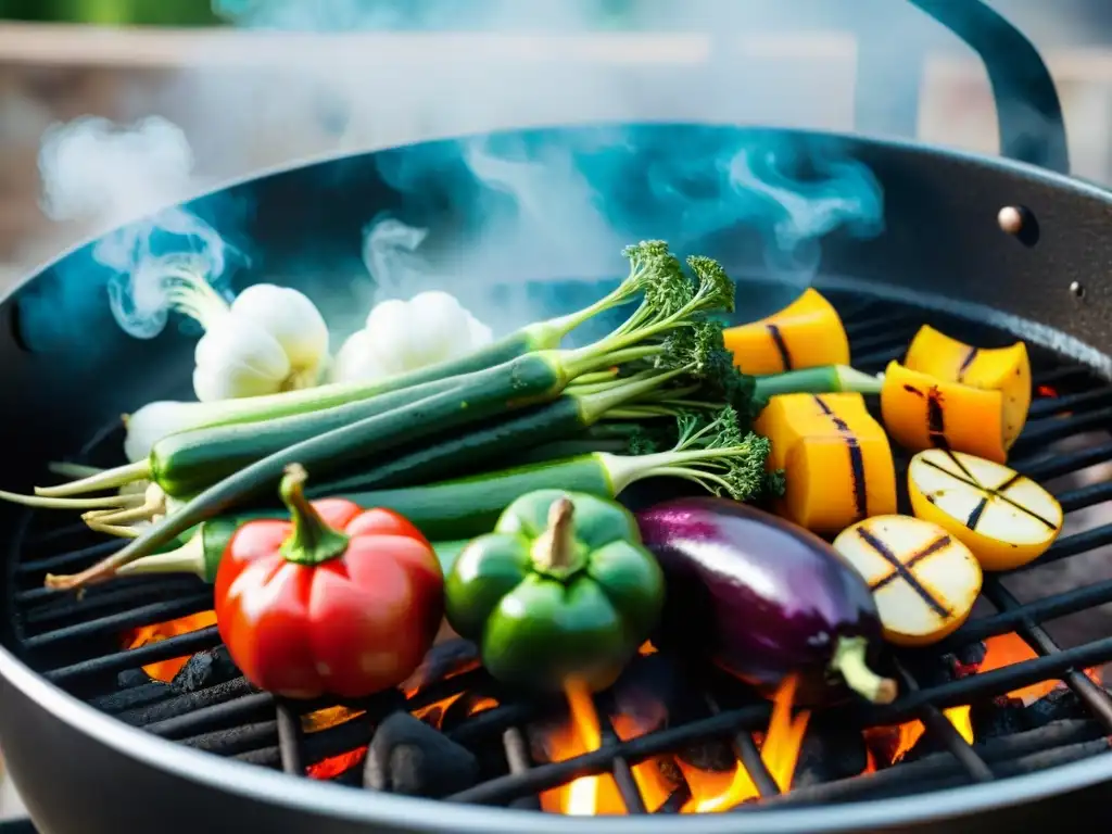 Consejos saludables para disfrutar asado: Vegetales coloridos a la parrilla, humeantes y con marcas de grill