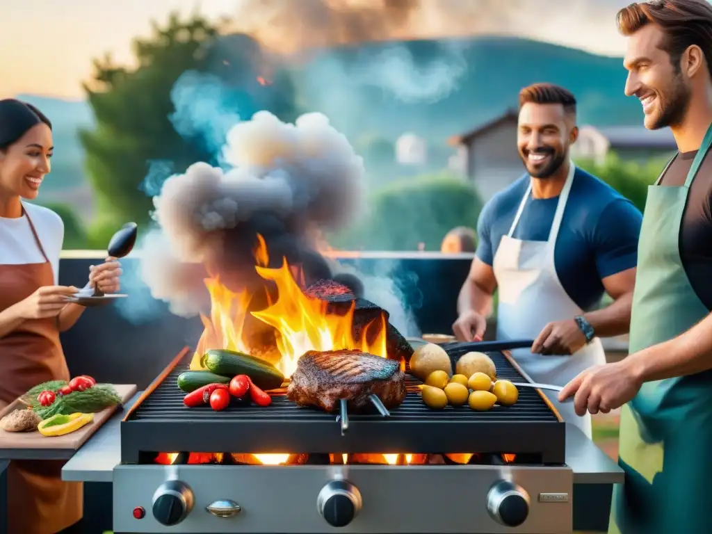 Consejos seguridad manejo parrillas: Grupo feliz cocinando en parrilla al atardecer