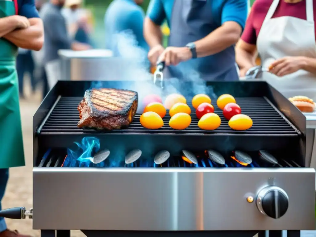 Consejos de seguridad para el manejo de parrillas en un evento masivo al aire libre, con chefs expertos y una parrilla profesional impecable