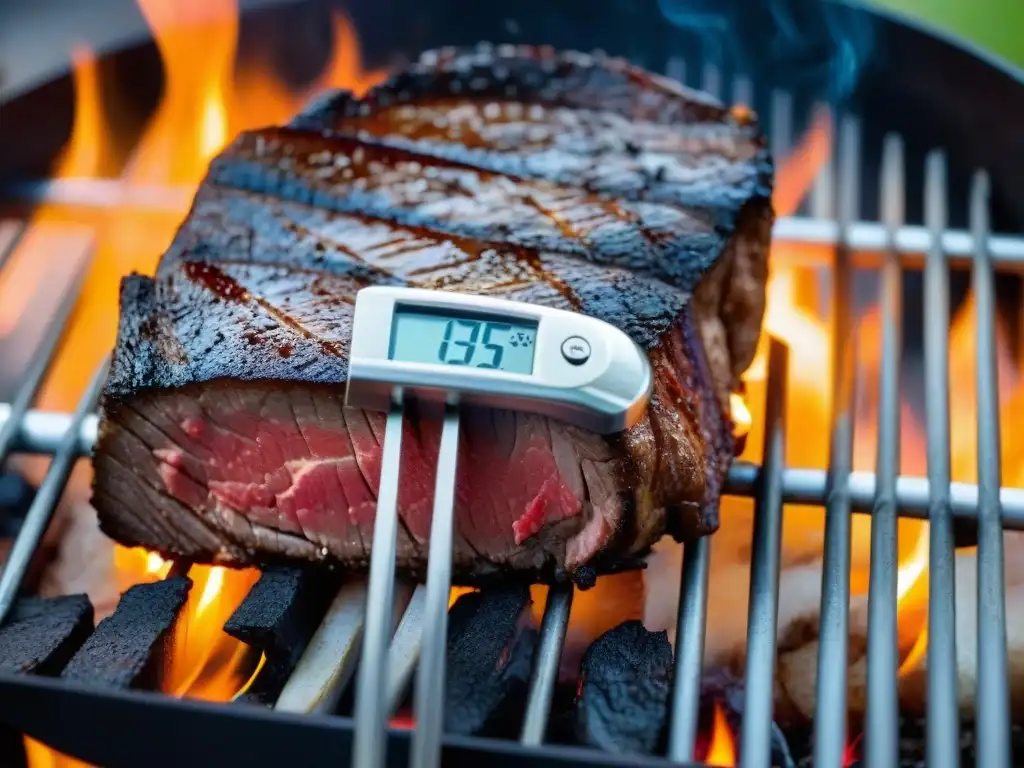 Control de temperatura para asado: Termómetro digital en un jugoso asado a punto