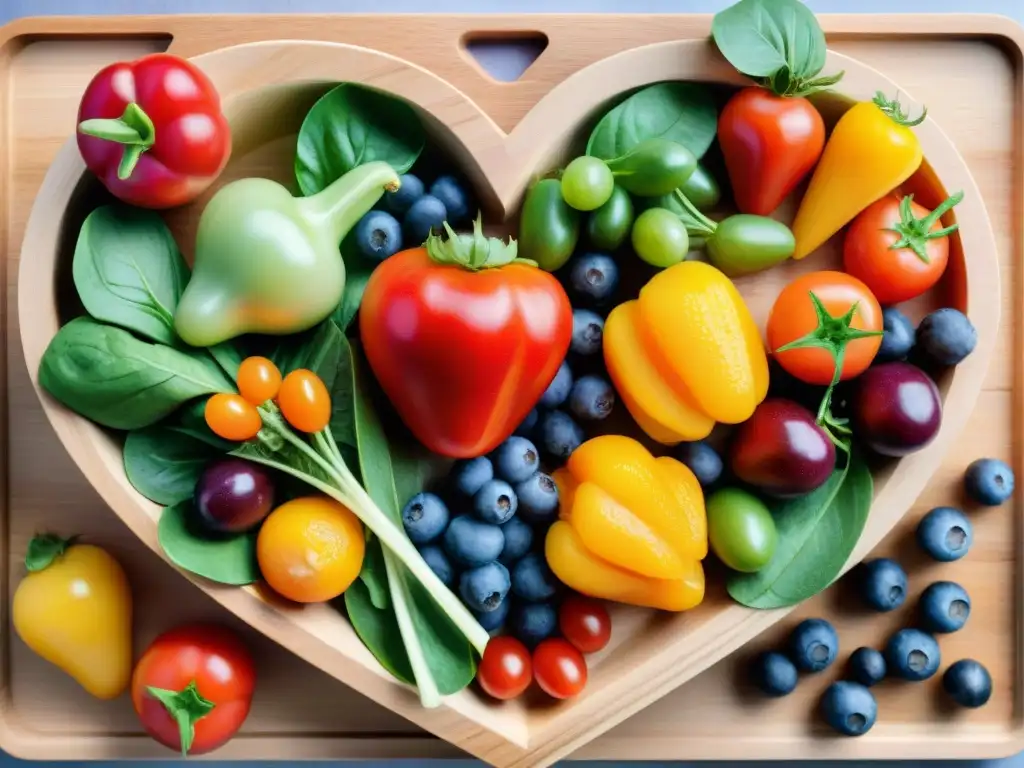 Un corazón de frutas y verduras frescas en tabla de madera, evocando salud y vitalidad