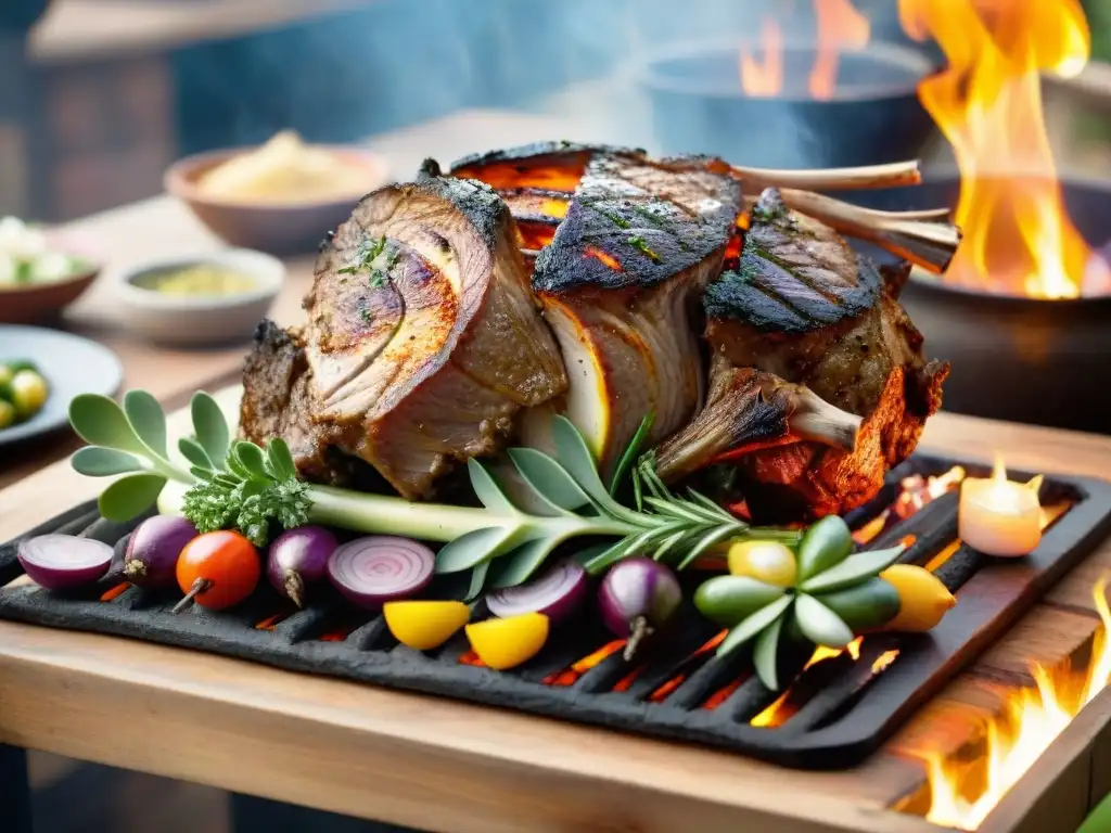 Un cordero entero asado a la parrilla uruguaya, jugoso y crujiente, rodeado de hierbas frescas y brasas brillantes